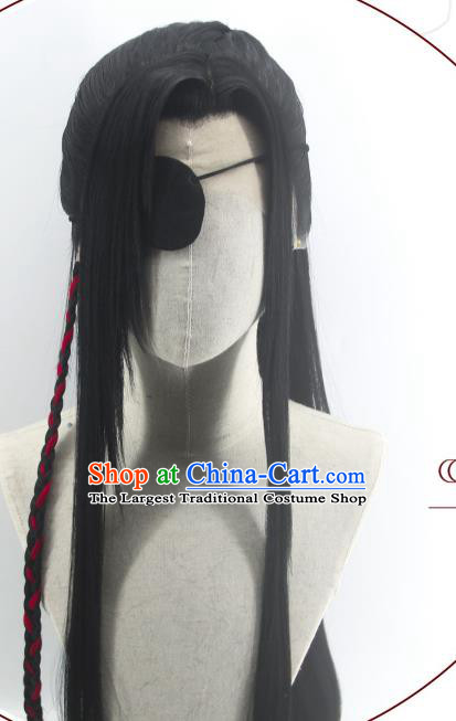 Handmade China Cosplay Swordsman Black Wigs Traditional Heaven Official Blessing Xie Lian Hairpieces Ancient Hanfu Taoist Priest Headdress