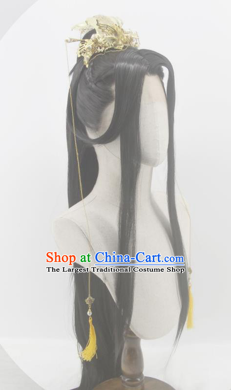 Handmade China Ancient Hanfu Crown Prince Headdress Cosplay Swordsman Black Wigs Traditional Heaven Official Blessing Xie Lian Hairpieces