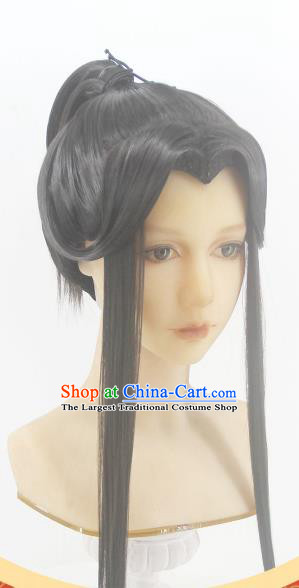 Handmade China Traditional Heaven Official Blessing Xie Lian Hairpieces Ancient Crown Prince Headdress Cosplay Swordsman Black Wigs