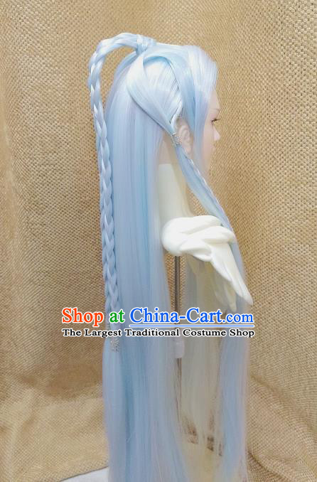 Handmade China Cosplay Dragon Prince Blue Wigs Traditional Young Childe Hairpieces Ancient Swordsman Headdress