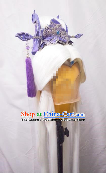 Handmade China Traditional Puppet Show Su Huanzhen Hairpieces Ancient Swordsman Headdress Cosplay Taoist Priest White Wigs and Hair Crown