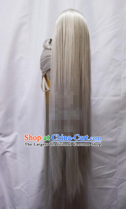 Handmade China Cosplay Taoist Priest Gray Wigs Traditional Puppet Show Royal King Hairpieces Ancient Swordsman Headdress