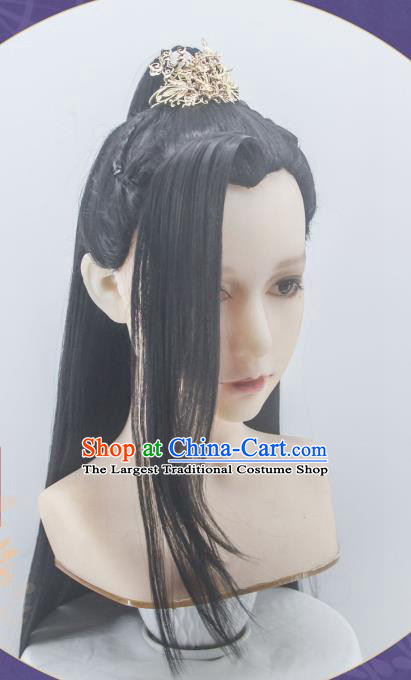 Handmade China Traditional Heaven Official Blessing Hairpieces Ancient Hanfu Prince Headdress Cosplay Swordsman Black Wigs
