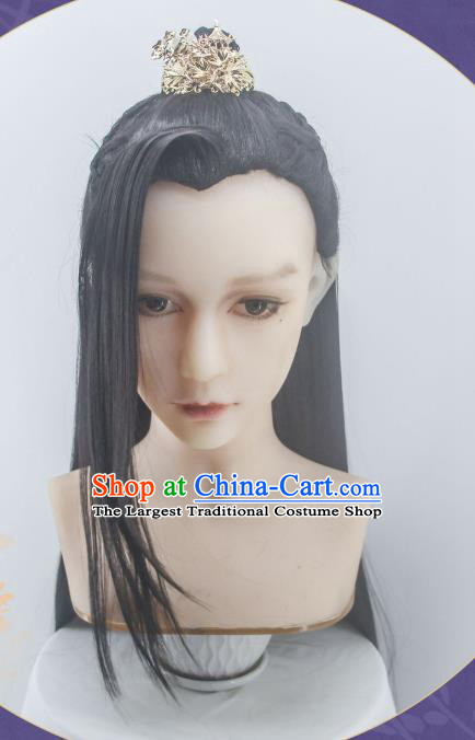 Handmade China Traditional Heaven Official Blessing Hairpieces Ancient Hanfu Prince Headdress Cosplay Swordsman Black Wigs