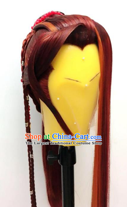 Handmade China Ancient Swordsman Headdress Cosplay Demon Prince Red Wigs Traditional Puppet Show Young Knight Hairpieces