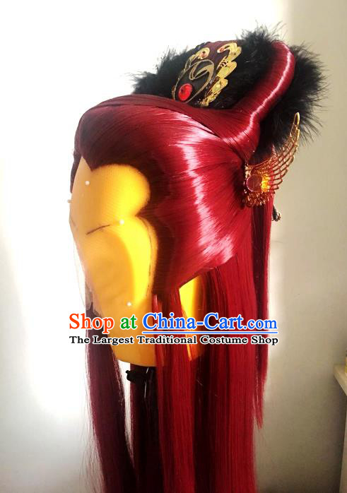 Handmade China Cosplay Chivalrous Male Red Wigs and Hair Crown Traditional Puppet Show Gongsun Yue Hairpieces Ancient Taoist Headdress