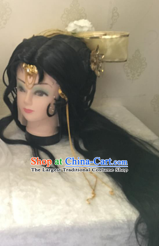 Chinese Ancient Goddess Wigs Headwear Traditional Puppet Show Feng Cailing Hairpieces Cosplay Fairy Princess Hair Accessories