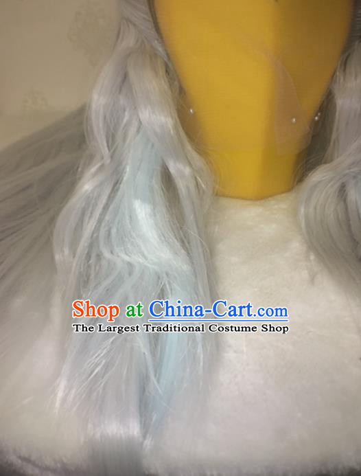Handmade China Traditional Puppet Show Hairpieces Ancient Taoist Headdress Cosplay Swordsman Grey Wigs