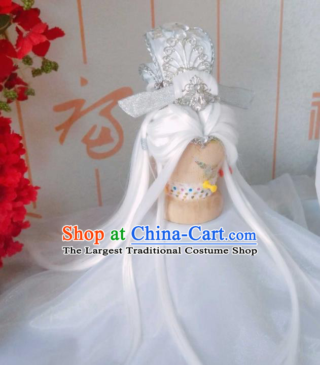 Handmade China Traditional Puppet Show Wen Naihe Hairpieces Ancient Taoist Priest Headdress Cosplay Swordsman White Wigs and Hair Crown