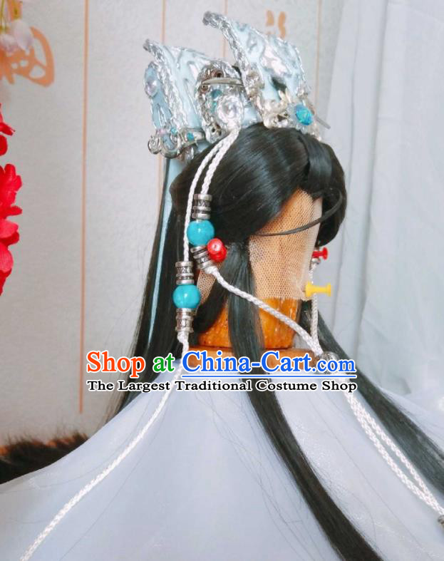 Handmade China Cosplay Swordsman Black Wigs and Hair Crown Traditional Puppet Show Yu Xiaoyao Hairpieces Ancient Noble Prince Headdress