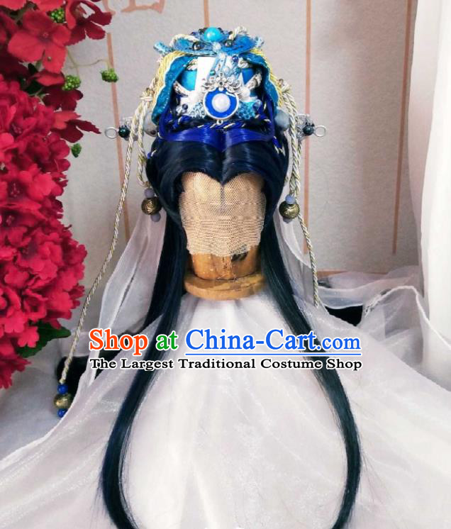 Handmade China Cosplay Emperor Wigs and Hair Crown Traditional Puppet Show Hairpieces Ancient Swordsman King Headdress