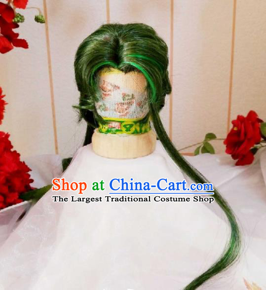 Handmade China Ancient Young Swordsman Headdress Cosplay Demon Prince Green Wigs Traditional Puppet Show Knight Mo Luo Hairpieces