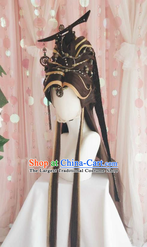 Handmade China Traditional Puppet Show Young Childe Hairpieces Ancient Swordsman Headdress Cosplay Royal Prince Brown Wigs and Hair Crown