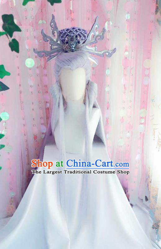 Handmade China Cosplay Dragon King Lilac Wigs and Hair Crown Traditional Puppet Show Young Childe Hairpieces Ancient Swordsman Headdress