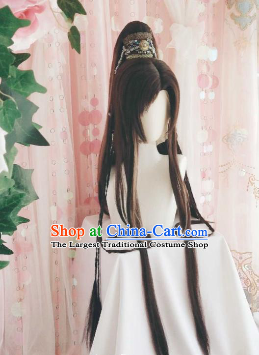 Handmade China Ancient Swordsman Headdress Cosplay Noble Childe Brown Wigs and Hair Crown Traditional Puppet Show Feng Xiaoyao Hairpieces