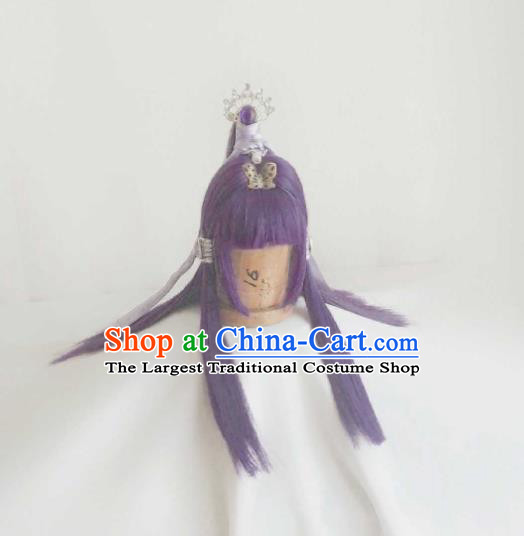 Chinese Traditional Puppet Show Feng Die Hairpieces Cosplay Magic Princess Hair Accessories Ancient Fairy Purple Wigs Headwear