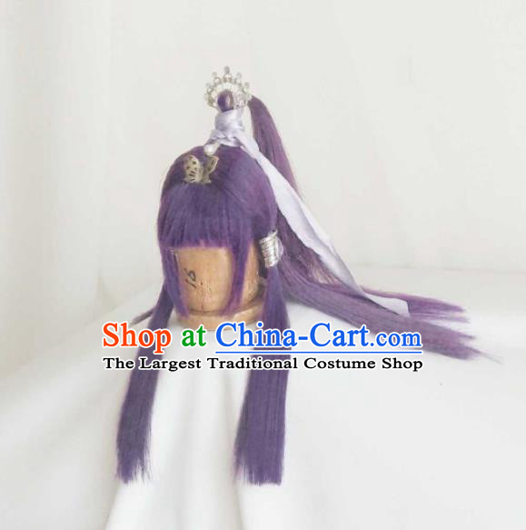 Chinese Traditional Puppet Show Feng Die Hairpieces Cosplay Magic Princess Hair Accessories Ancient Fairy Purple Wigs Headwear