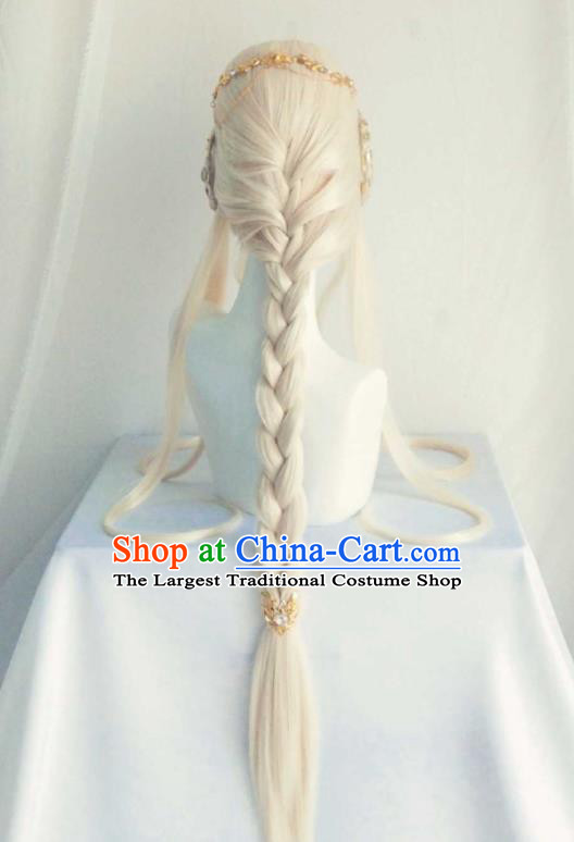 Chinese Cosplay Fairy Princess Hair Accessories Ancient Young Lady Light Golden Wigs Headwear Traditional Puppet Show Swordswoman Hairpieces