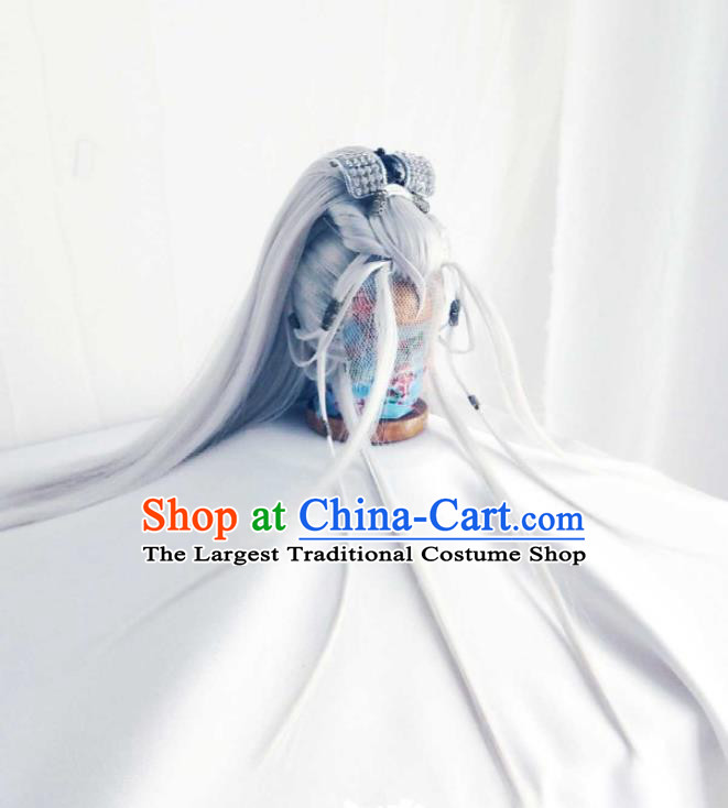 Handmade China Ancient Swordsman Headdress Cosplay Taoist Priest Grey Wigs Traditional Puppet Show Chivalrous Male Hairpieces