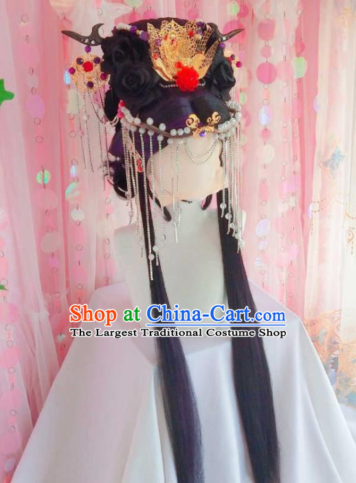Chinese Ancient Empress Wigs and Hair Crown Headwear Traditional Puppet Show Goddess Hairpieces Cosplay Queen Hair Accessories