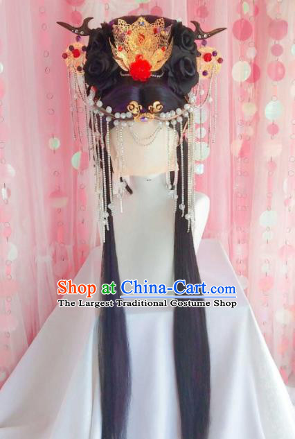 Chinese Ancient Empress Wigs and Hair Crown Headwear Traditional Puppet Show Goddess Hairpieces Cosplay Queen Hair Accessories