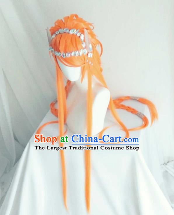 Chinese Ancient Empress Orange Wigs Headwear Traditional Thunderbolt Fantasy Queen Lang Wuyao Hairpieces Cosplay Goddess Hair Accessories
