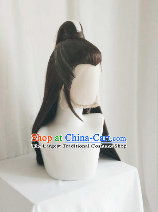 Handmade China Cosplay Taoist Priest Brown Wigs Traditional Puppet Show Chivalrous Male Hairpieces Ancient Swordsman Ponytsil Headdress