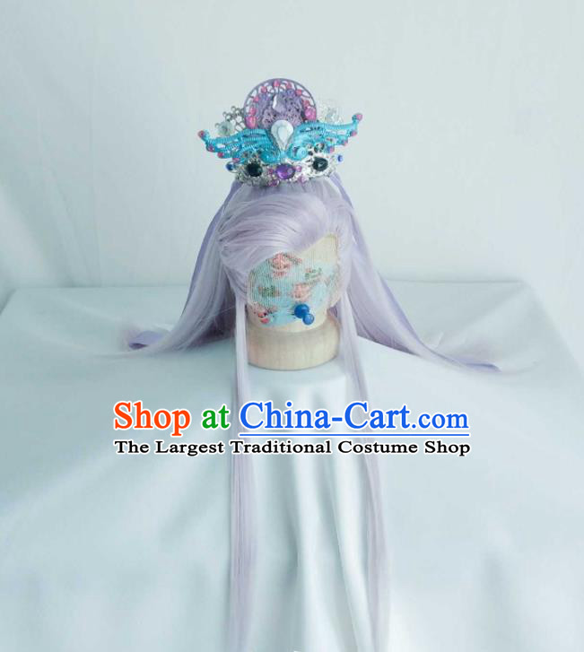 Handmade China Ancient Royal Prince Headdress Cosplay Swordsman Lilac Wigs and Hair Crown Traditional Puppet Show Murong Ning Hairpieces
