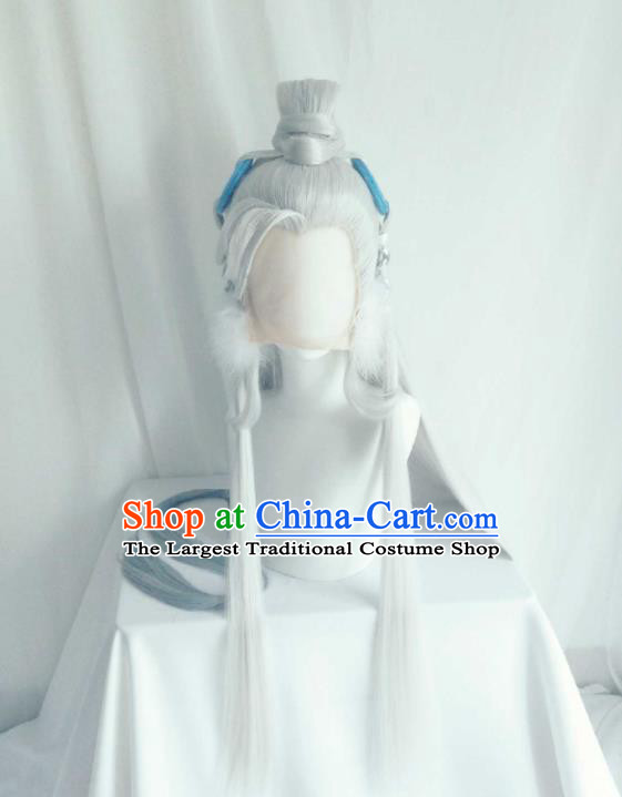 Handmade China Traditional Puppet Show Swordsman Hairpieces Ancient Immortal Headdress Cosplay Taoist Priest Grey Wigs