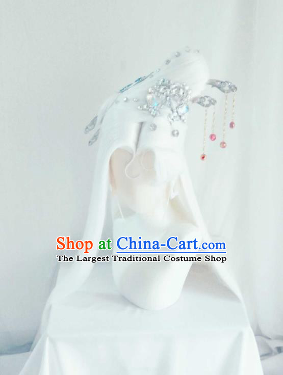 Chinese Cosplay Goddess Hair Accessories Ancient Empress White Wigs Headwear Traditional Puppet Show Ji Wuxia Hairpins Hairpieces
