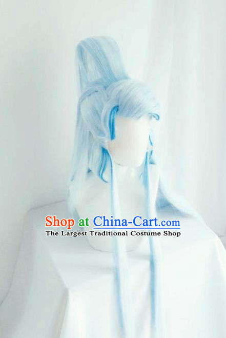 Handmade China Ancient Royal Prince Headdress Cosplay Noble Childe Light Blue Wigs and Hair Crown Traditional Puppet Show Taoist Priest Hairpieces