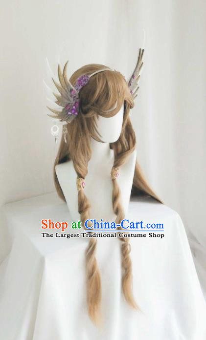 Chinese Traditional Puppet Show Fairy Princess Hairpins Hairpieces Cosplay Swordswoman Hair Accessories Ancient Young Lady Brown Wigs Headwear