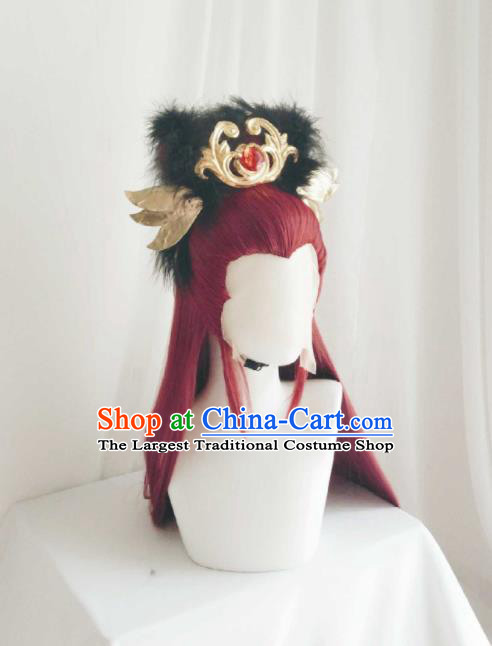 Handmade China Cosplay Childe Red Wigs and Hair Crown Traditional Puppet Show Gongsun Yue Hairpieces Ancient Royal Prince Headdress