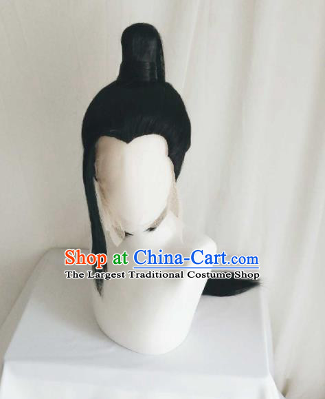 Handmade China Cosplay Young Knight Black Wigs Traditional Qin Dynasty Swordsman Hairpieces Ancient Hero Headdress