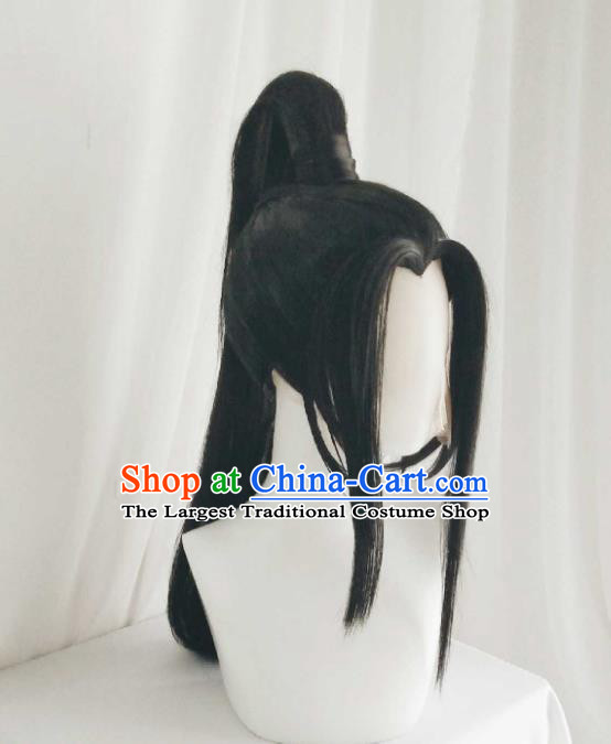Handmade China Ancient Hero Headdress Cosplay Young Knight Black Wigs Traditional Qin Dynasty Swordsman Hairpieces
