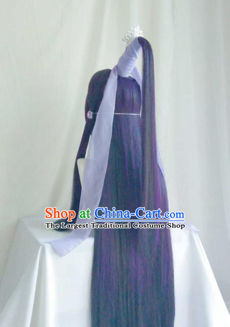 Chinese Cosplay Swordswoman Hair Accessories Ancient Fairy Purple Wigs Headwear Traditional Puppet Show Taoist Nun Feng Die Hairpieces