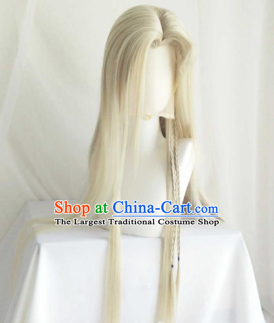 Handmade China Ancient Taoist Headdress Cosplay Swordsman Light Golden Wigs Traditional Puppet Show Childe Hairpieces