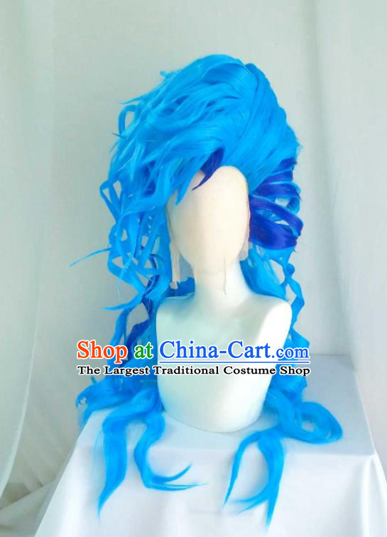 Handmade China Traditional Puppet Show Dragon Prince Hairpieces Ancient Childe Headdress Cosplay Swordsman Blue Curly Wigs
