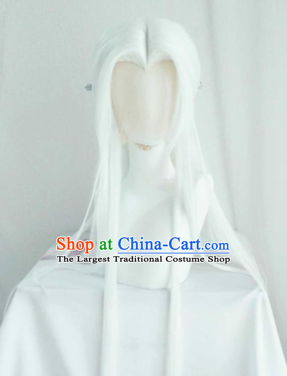Handmade China Cosplay Swordsman White Wigs Traditional Puppet Show Su Huanzhen Hairpieces Ancient Taoist Priest Headdress