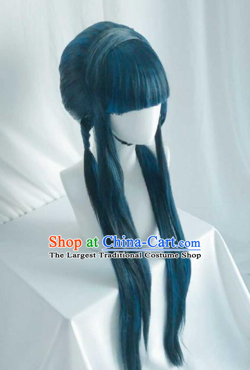 Chinese Ancient Goddess Blue Wigs Headwear Traditional Puppet Show Fairy Linglong Xuefei Hairpieces Cosplay Swordswoman Hair Accessories