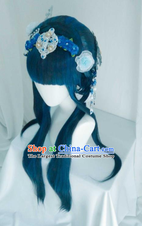 Chinese Ancient Goddess Blue Wigs Headwear Traditional Puppet Show Fairy Linglong Xuefei Hairpieces Cosplay Swordswoman Hair Accessories
