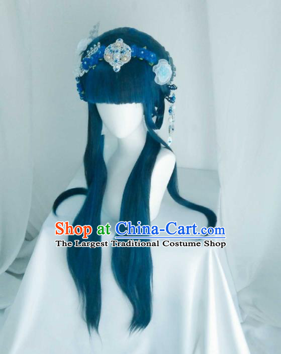 Chinese Ancient Goddess Blue Wigs Headwear Traditional Puppet Show Fairy Linglong Xuefei Hairpieces Cosplay Swordswoman Hair Accessories