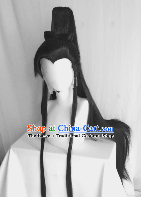 Handmade China Cosplay Swordsman Black Ponytsil Wigs Traditional Puppet Show Shi Yanwen Hairpieces Ancient Young Hero Headdress