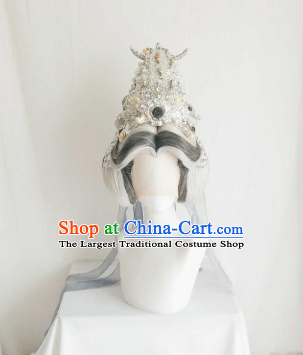 Chinese Ancient Goddess Grey Wigs Headwear Traditional Puppet Show Queen Hairpieces Cosplay Empress Hair Crown Hair Accessories