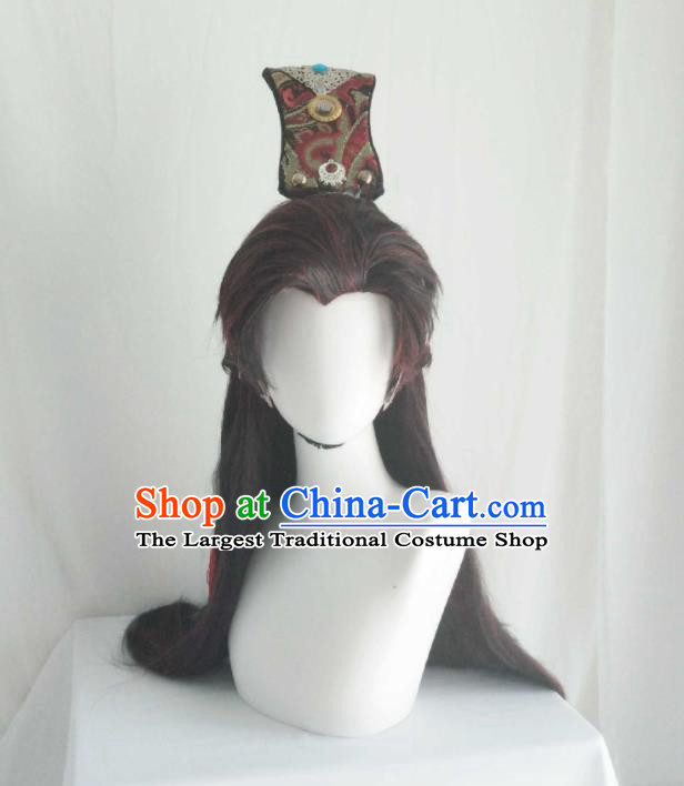 Handmade China Cosplay Swordsman Brown Wigs and Hair Crown Traditional Puppet Show Noble Childe Hairpieces Ancient Royal Prince Headdress