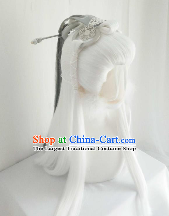 Handmade China Ancient Taoist Headdress Cosplay Swordsman White Wigs and Hair Crown Traditional Puppet Show Immortal Hairpieces