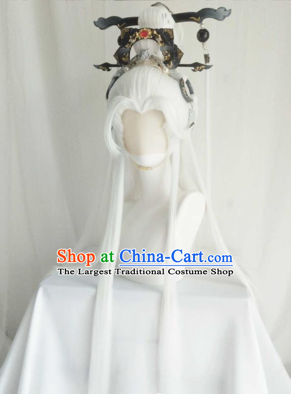 Handmade China Traditional Puppet Show Immortal Jun Fengtian Hairpieces Ancient Taoist Headdress Cosplay Swordsman White Wigs and Hair Crown