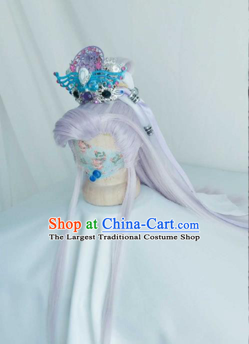 Handmade China Traditional Puppet Show Murong Ning Hairpieces Ancient Royal Prince Headdress Cosplay Noble Childe Violet Wigs and Hair Crown