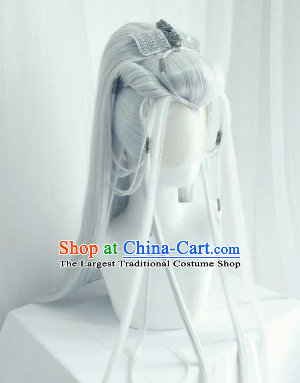 Handmade China Ancient Swordsman Headdress Cosplay Immortal Grey Wigs Traditional Puppet Show Taoist Priest Hairpieces