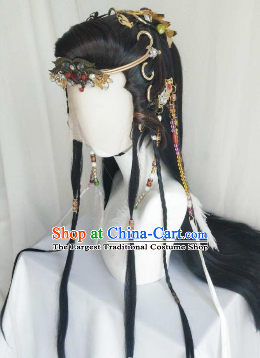 Handmade China Ancient Royal Prince Headdress Cosplay Noble King Black Wigs and Hair Crown Traditional Puppet Show Swordsman Hairpieces